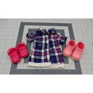 Our Generation Shannon Doll Camping Dress Shirt Shoes Boots Clogs Blue Pink